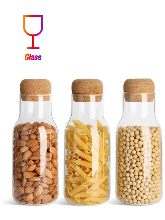 1 تشيس 1CHASE 3-Piece Borosilicate Glass Storage Jar with Cork Lid-Cork Stopper 750ml